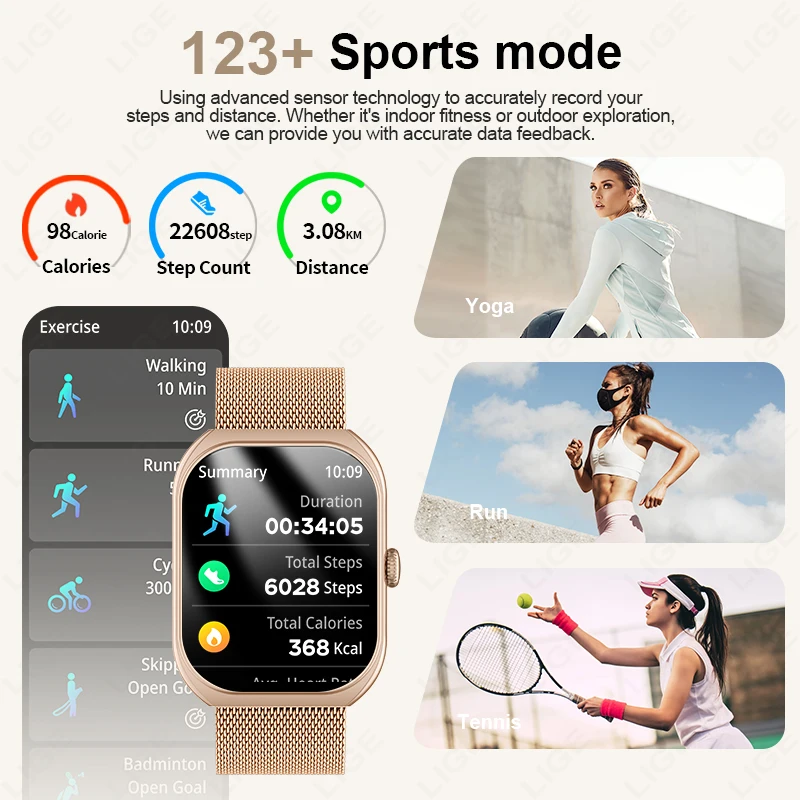 LIGE nuevo reloj inteligente con pantalla curva 3D de 2,01 pulgadas para mujer, rastreador GPS, llamada, ritmo cardíaco, deportes, Fitness, reloj inteligente para Android iOS 2025