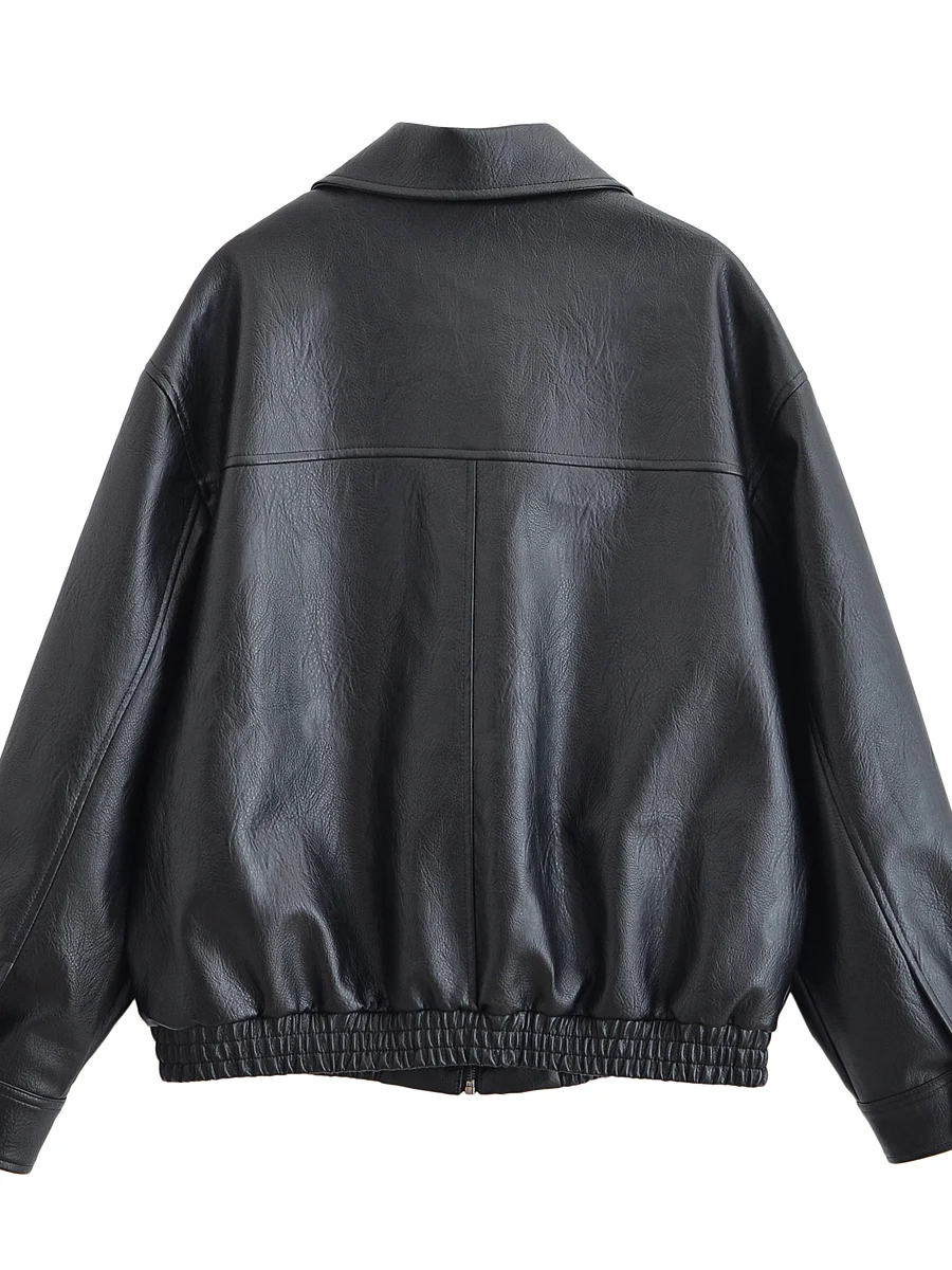 เสื้อแจ็คเก็ตหนังสไตล์นักบินสำหรับผู้หญิงทรงหลวมแบบอเมริกัน สีดำ ตกแต่งกระดุมและซิป  สำหรับฤดูใบไม้ผลิ