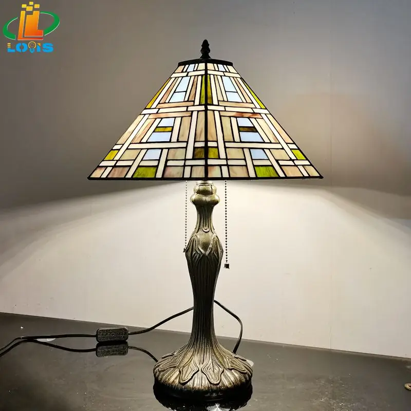 16 Inch Square Antique Art Table Lamp Tiffany Style Living Room Bar Desk Decoration Reading Light, Stained Glass Metal Base E27