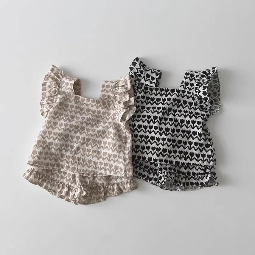 

Korean Version Ins Lace Vest Doll Shirt Two-piece Set Full Print Flower Women's Treasure Korean Set Vest Shorts Set