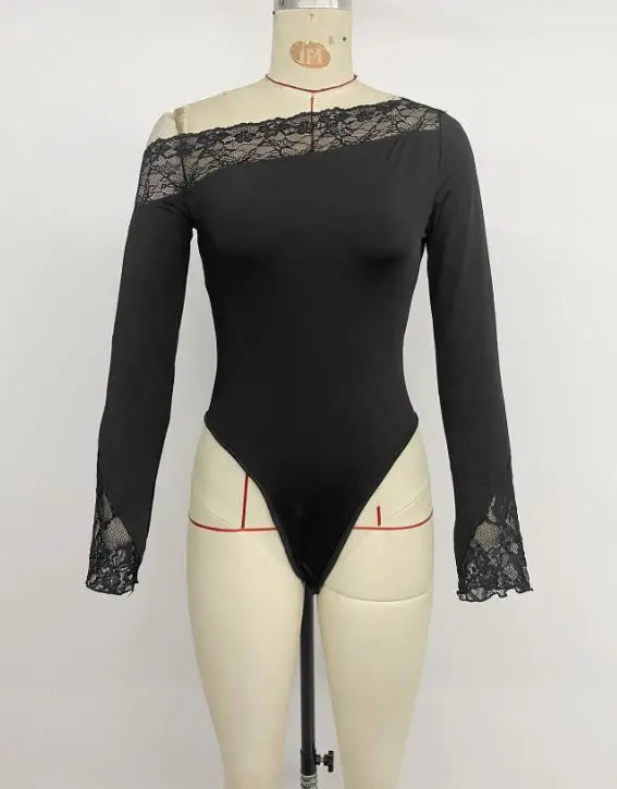 

Women's Fashion Skinny Short Jumpsuits Female Daily Clothing Autumn Elegant and Sexy Fit Black Lace Off-Shoulder Bodysuit