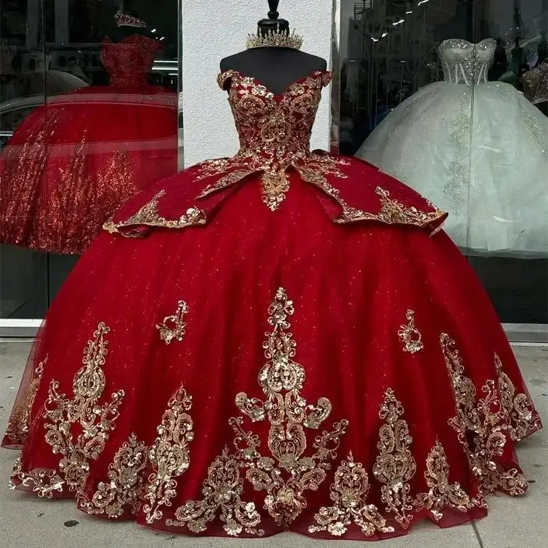 Customized  Glittering Burgundy Quinceanera Dresses Gold Beading Lace Appliques Lace Vestidos De 15 Anos Birthday Party