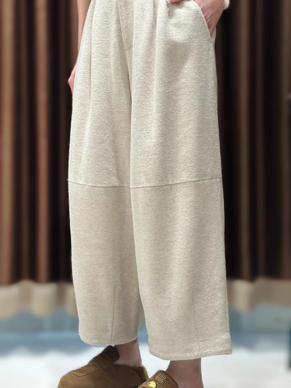 

Loose Fit Wool Trousers High Waist Straight Leg Pants Artistic Texture Nine-Tenths Length Casual Woolen Pants for Women