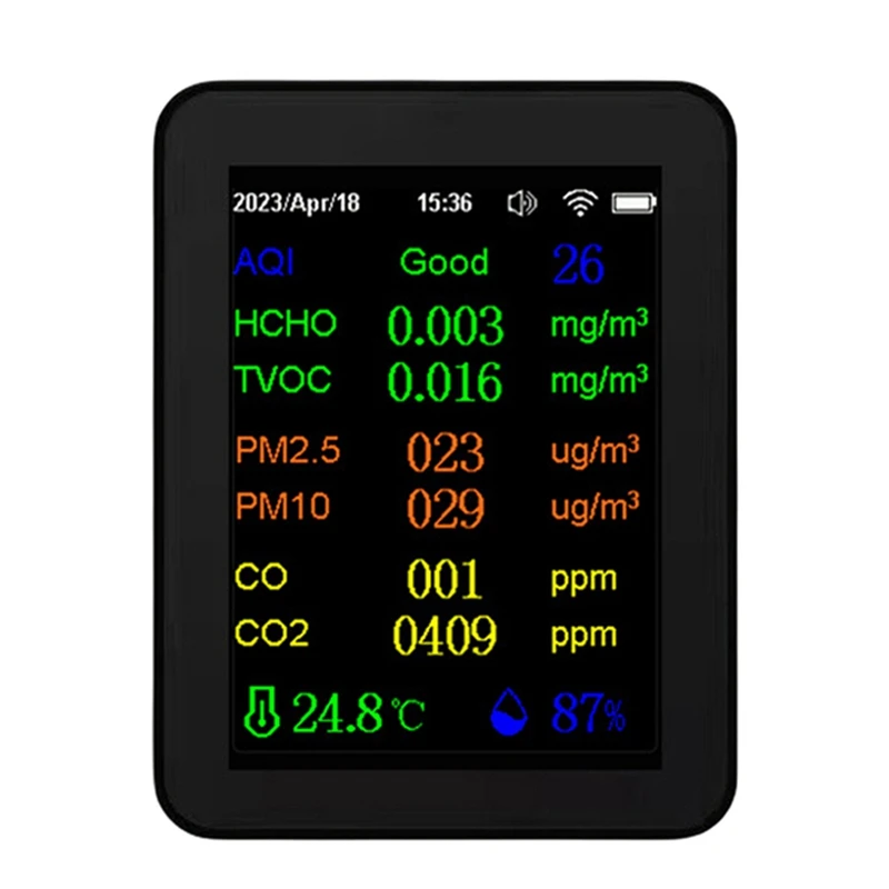 CO2 Monitor 12 In 1 With Time/ Date Display WIFI PM2.5 PM10 CO CO2 TVOC HCHO AQI Tester,Black
