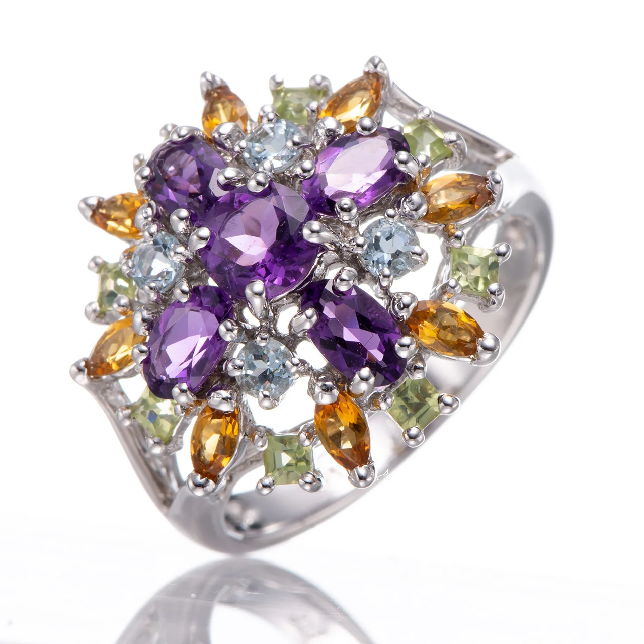 

GESIDE Amethyst and Citrine and Peridot and Topaz Rhodium Over Sterling Silver Ring