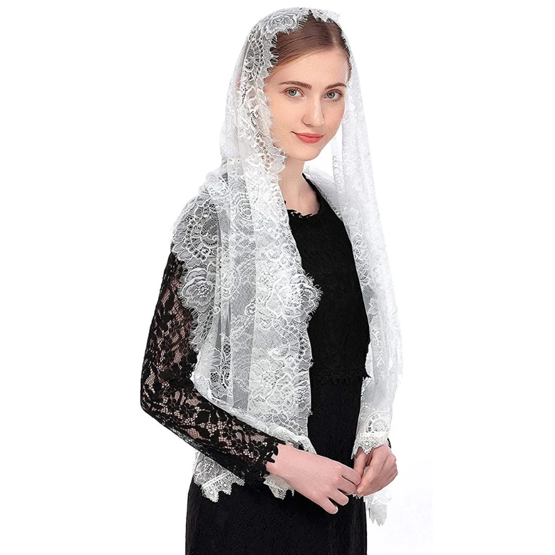 2023 New Lace Shawl Mantilla Veil Lightweight Tassel Scarf Fashion Floral Shawls and Wraps for Women Latin Mass Veil for Bride