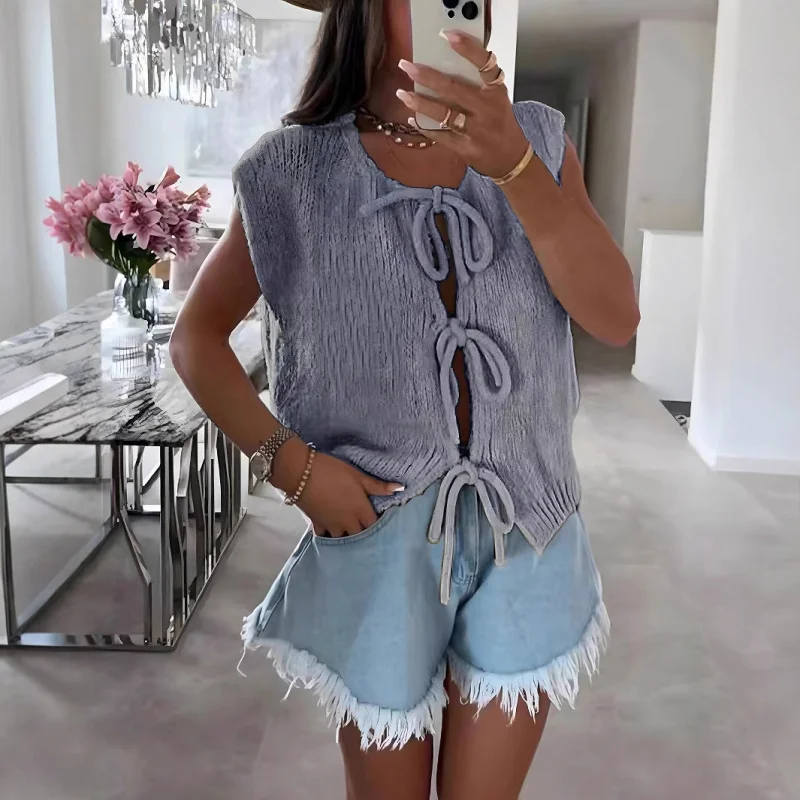 

Европейский и американский новый свитер с рукавами, жилет ручной работы с галстуком, кардиган, вязаный повседневный женский топ