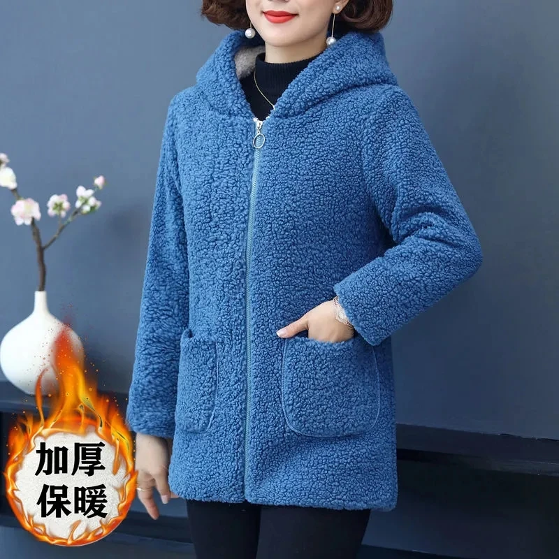 Mother Winter Coat Hooded Middle-Aged Women's Clothing Velvet Thick Polar Fleece Wool Jacket Cotton-Padded Jacket Women Elegant