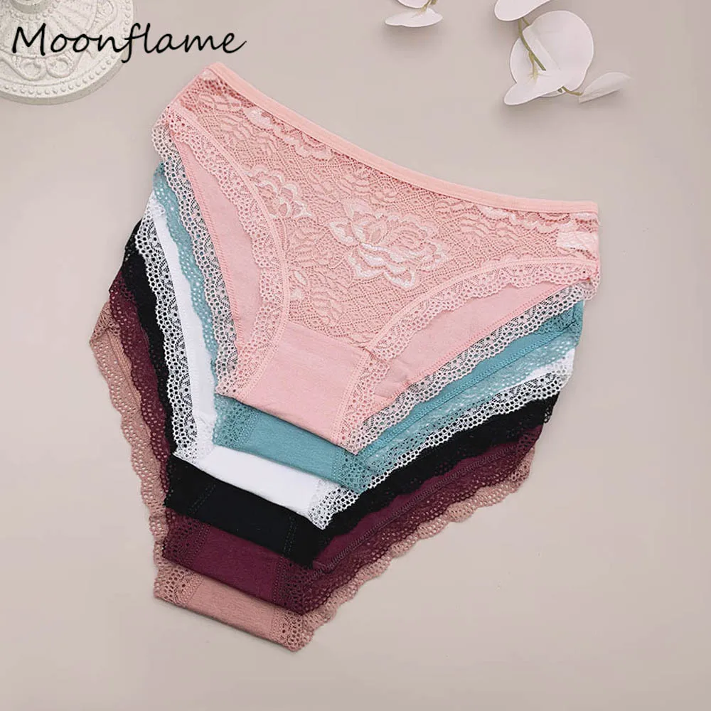 Moonflame 5 PCS Calzoncillos de algodón transparente de encaje de color sólido de talle bajo Bragas de mujer