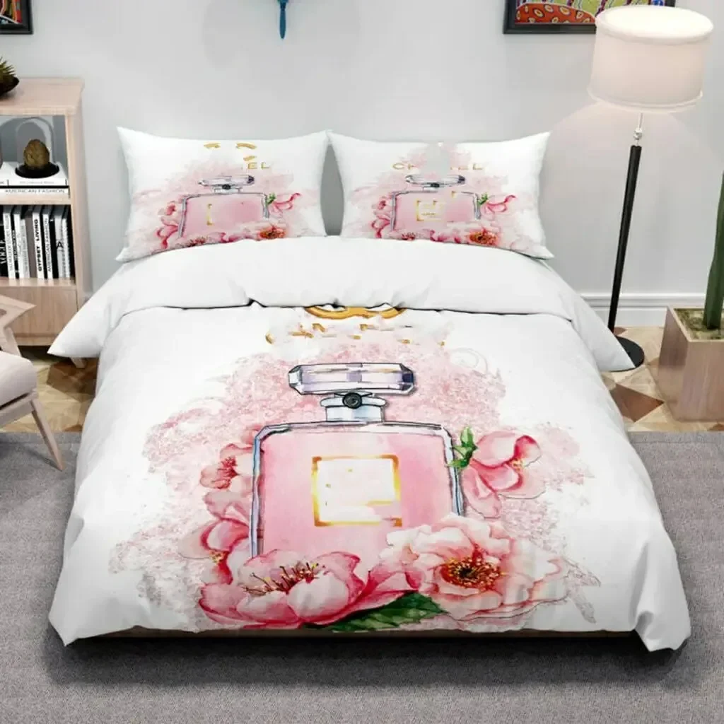 Perfume Floral Duvet Cover Set Pink Makeup Bedding Set with Pillowcase,Girls Women Romantic Fashion Gifts Comforter Cover Set