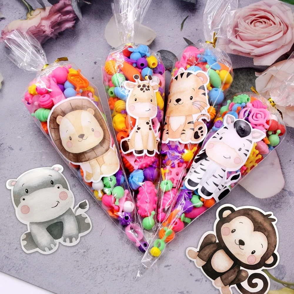 24pcs Cartion Animal Stickers Sweetcone Candy Bag Sticker for Kids Jungle Safari Happy Birthday Party Decor DIY Gifts Wrapping