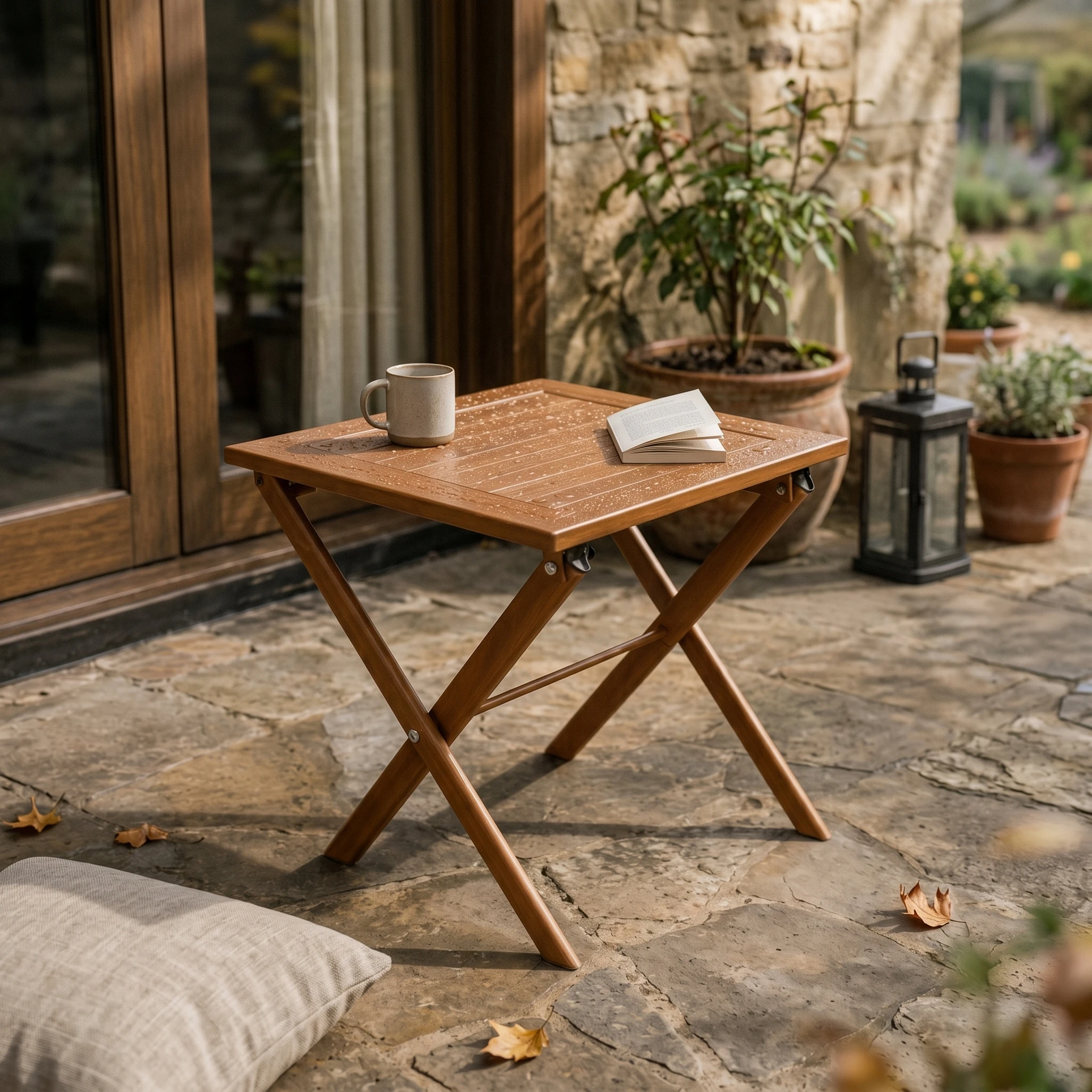 Small Wooden Patio Table Raised Edge Folding Design Space Efficient Outdoor Furniture for Compact Living Spaces