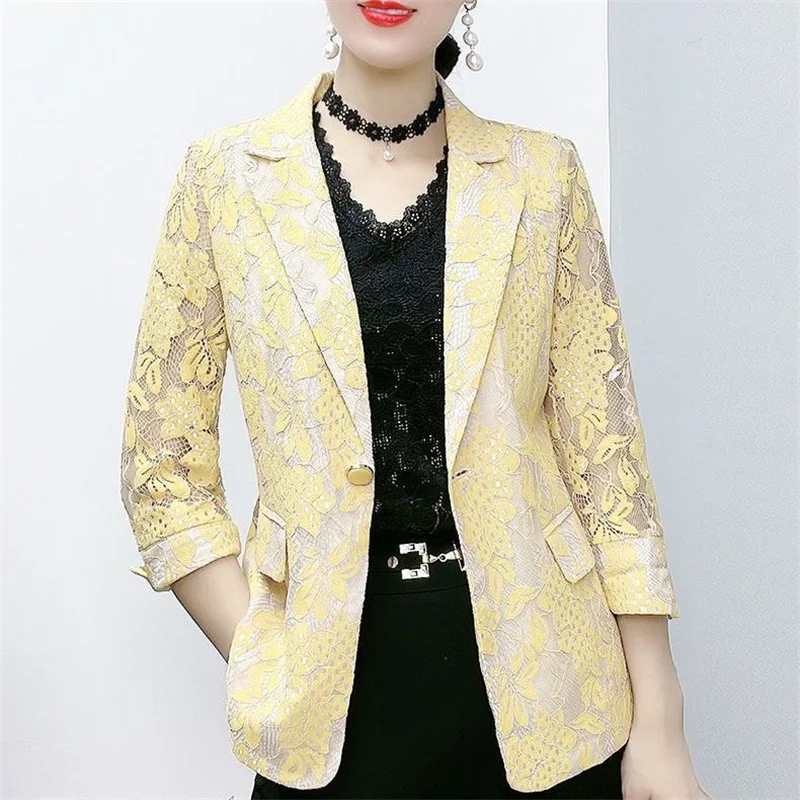 เสื้อสูทมินิสไตล์เกาหลีลูกไม้สําหรับผู้หญิงดีไซน์บาง 2025 ฤดูใบไม้ผลิและฤดูร้อนใหม่เข้าได้หลายชุดเข้ารูปพอดีตัวผู้หญิงยอดนิยม