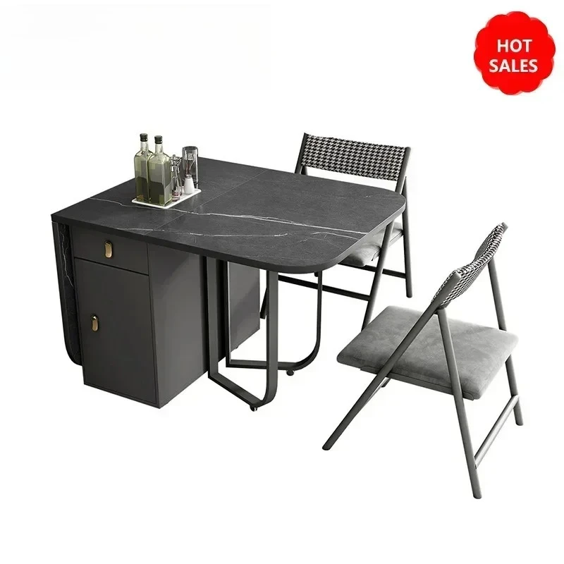 Movable Folding Dining Table with Storage Rack and 2 Drawers Extendable Versatile Kitchen Table and Metal Folding Dining Chairs