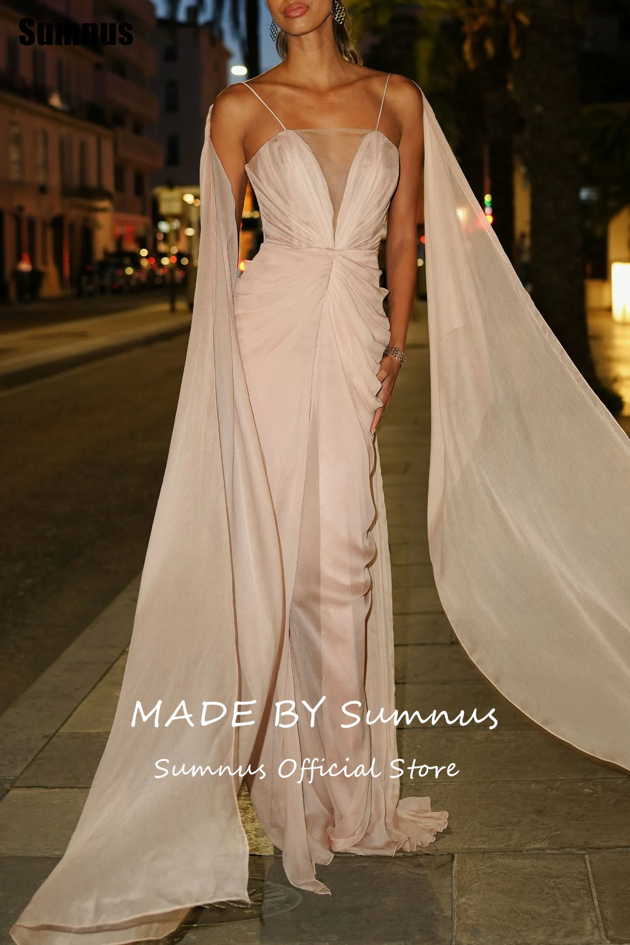 Sumnus Einfache Meerjungfrau Prom Kleider Chiffon Falte Spaghetti Strap V-ausschnitt Maxi Abendkleid Mit Schal Vestidos Angepasst