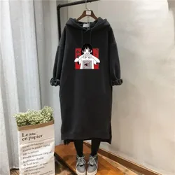 Japan Women Anime Fleece Warm Hooded Dress Autumn Winter New Fashion Thicken Oversized Versatile Long Sleeve Casual Split Dresse