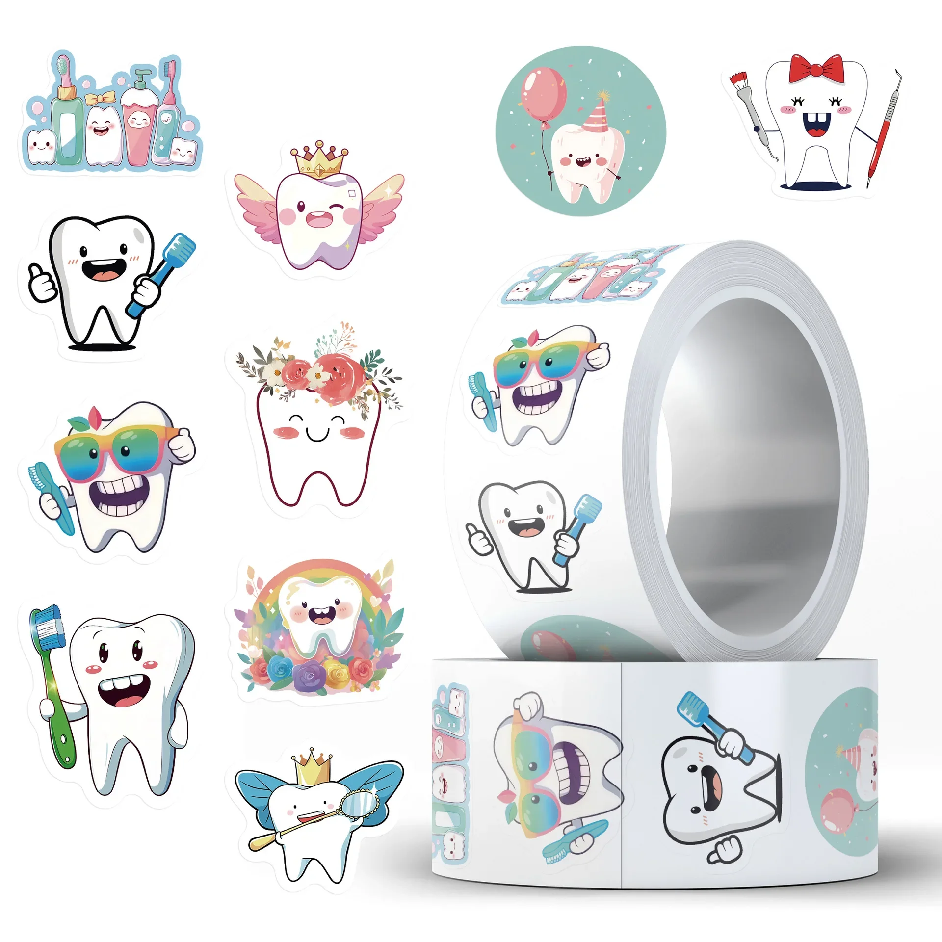 500 Teile/rolle Nette Zähne Cartoon Rolle Aufkleber Kawaii Zähne Dicht Aufkleber DIY Gepäck Telefon Gitarre Wasserdichte Aufkleber Kind spielzeug