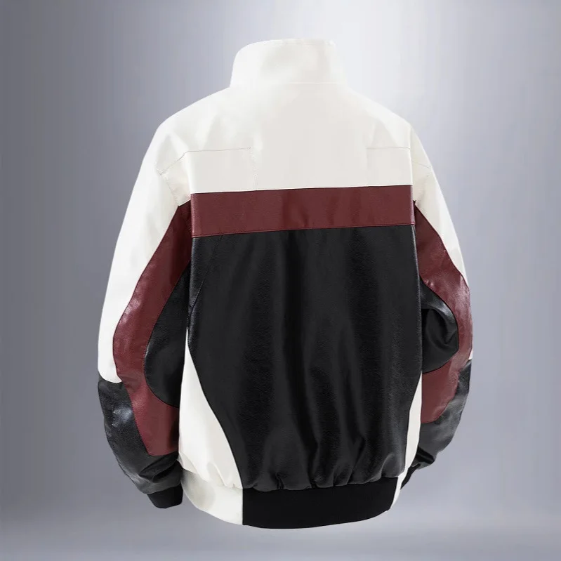 Men Leather Coat Autumn Motorcycle Punk Contrast Color Man Outerwear Windproof Stand Collar Long Sleeve Male Bomber Jacket