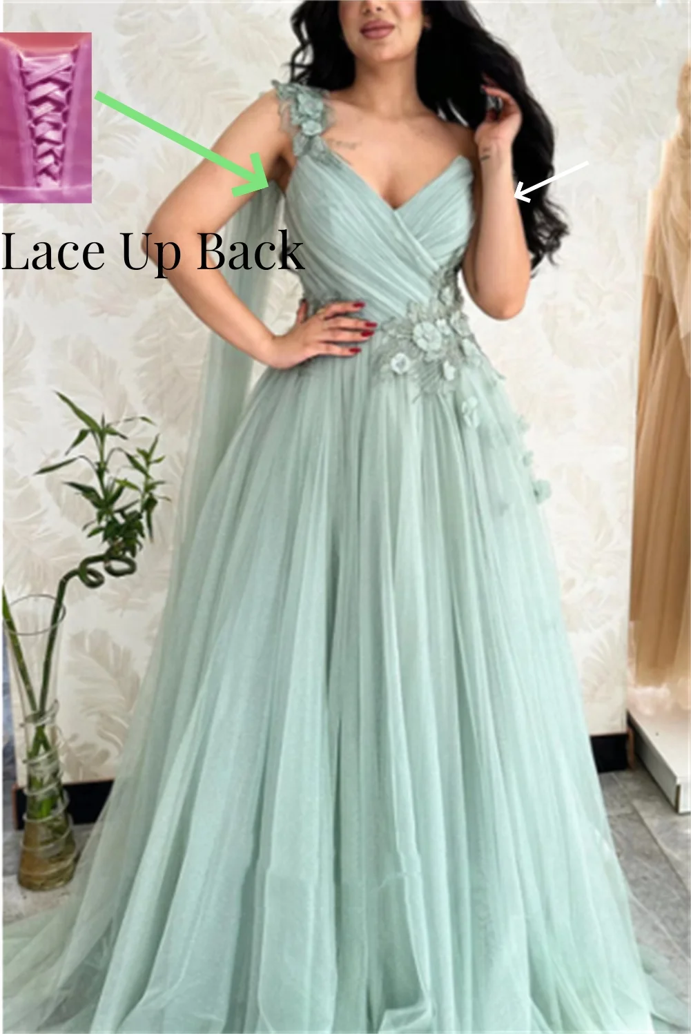 Robe de Soirée en Maille Vert Clair avec Col en V, Tenue de Bal de Forme Trapèze, avec des Appliques en Dentelle Brillante dans le Dos