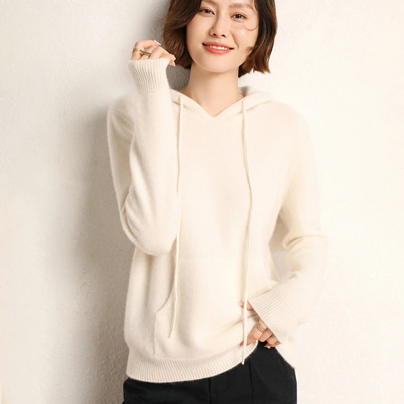 MÙA THU ĐÔNG 2022 Mới Cashmere Áo Len Có Mũ Nữ Rời Màu Đa Năng Bỏ Túi Áo Len Dệt Kim Hoodie