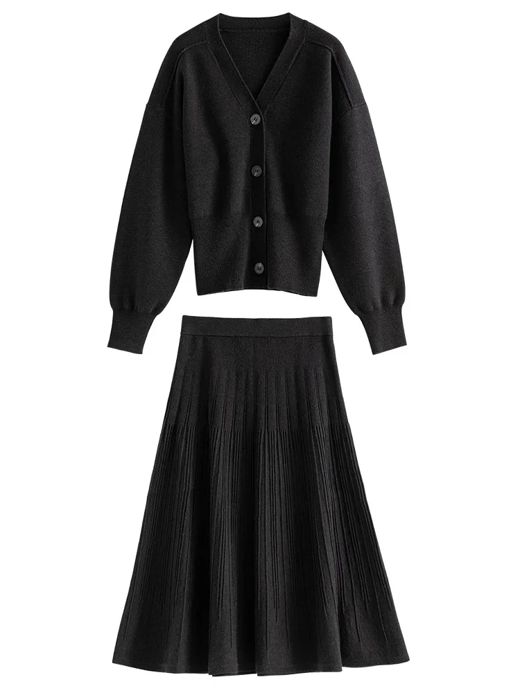 FSLE Women Winter Knitted Cardigan Coat Skirt Loose Casual Two Piece Knitted Suit Women Solid Mid-Length Skirts V-Neck Jackets