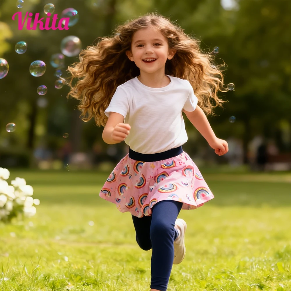 

VIKITA Girls Cotton Leggings with Rainbow Skirt Kids Navy Blue Soft Casual Trendy Comfortable Trousers Fake 2 Pcs Outfits Pants