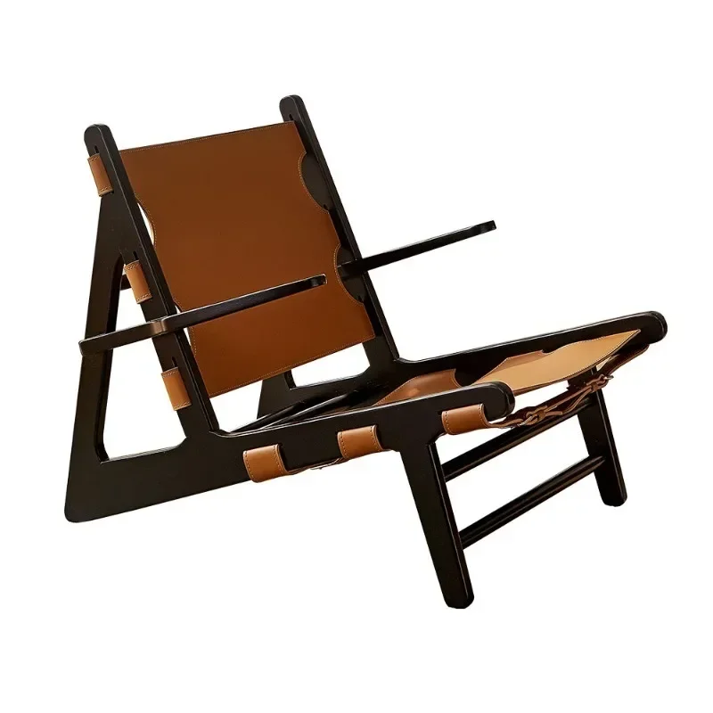 Wabi Sabi Wind Single Sofa Chair Saddle Leather Solid Wood Leisure Living Room Balcony Back Chair Household
