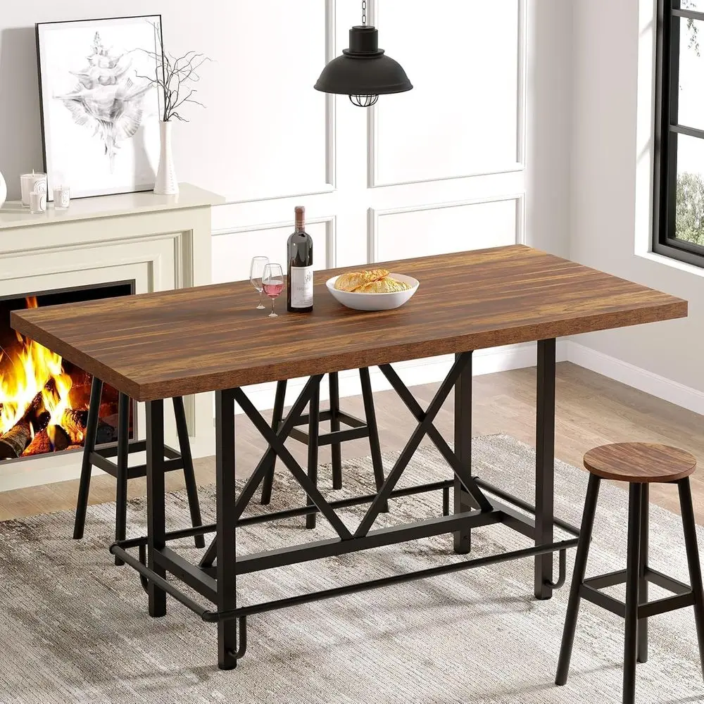 Rustic Brown Metal Base Counter Height Dining Table for 6, 35.43 H