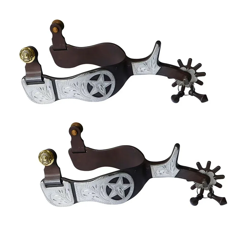 1 Pair Horse Spurs Antique Brass Western Style Spur with Hand Decoraation for Boots Men and Women for Equestrian Training