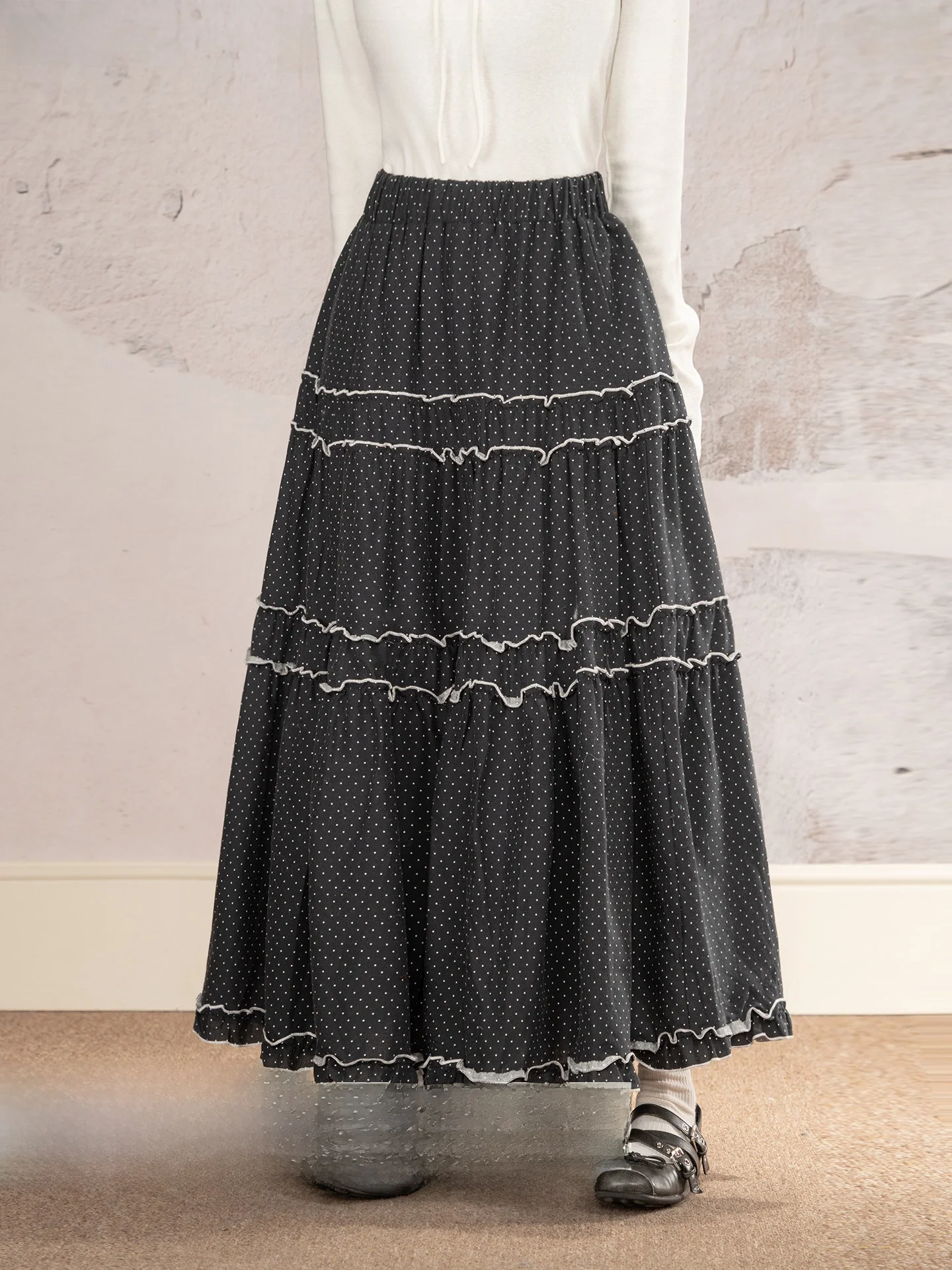 

Новая черная юбка в горошек с деревянными элементами, на резинке, с высокой талией, женская зимняя винтажная пышная юбка-кейк с полной посадкой по бедрам