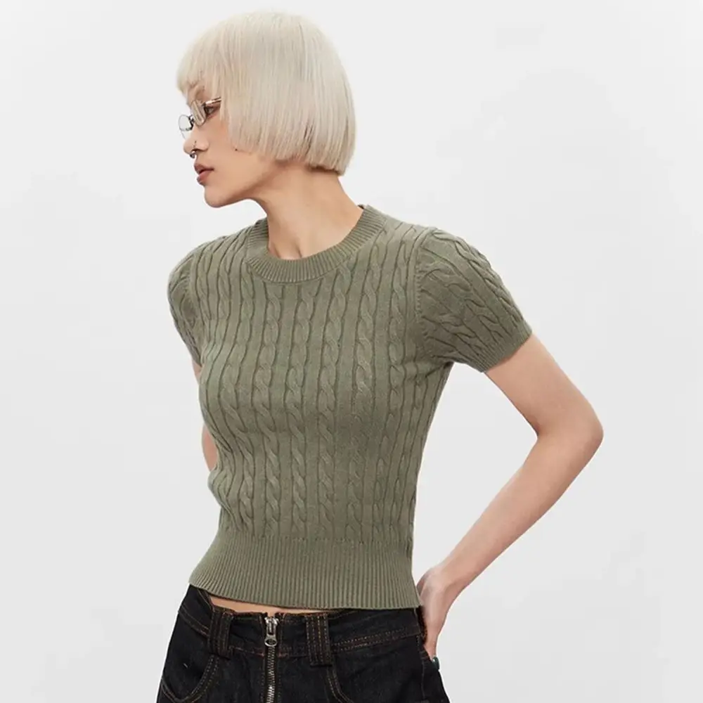 

Вязаная футболка в стиле ретро с круглым вырезом и короткими рукавами, женская приталенная футболка с короткими рукавами, летний топ с текстурированным тросом и текстурным узором