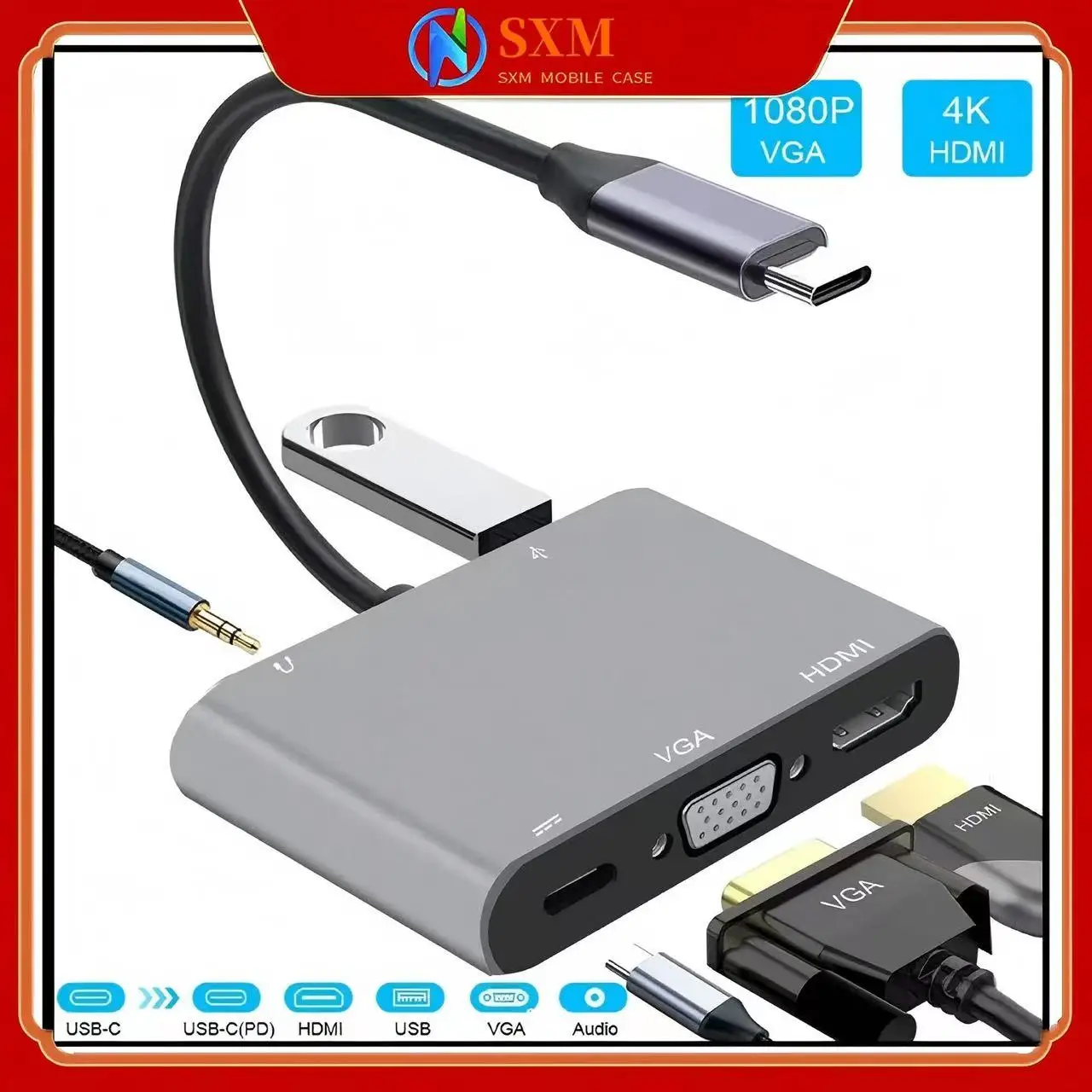 

TypeC к HDMI VGA 4-в-1 Кабель-адаптер для компьютерного планшета Многопортовый удлинитель USB Док-станция Type-C
