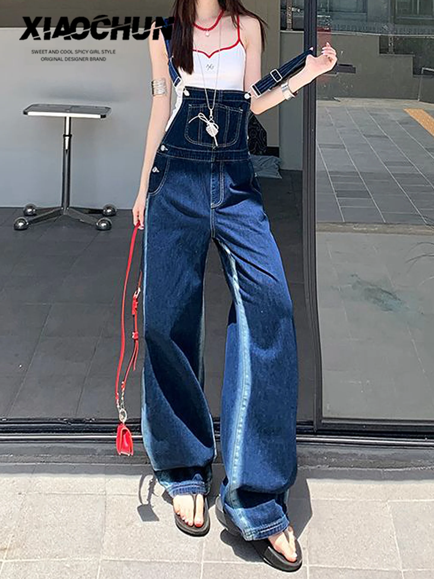 

Темно-синие джинсовые комбинезоны adient в Корейском стиле, лето 2022, новые свободные утягивающие универсальные широкие джинсы небольшого размера с высокой талией