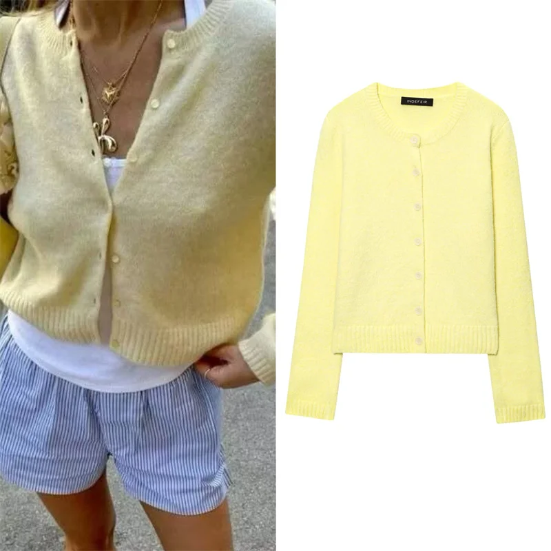 

Women's Cardigan New Summer 2025 Yellow Long Sleeve French Knit Sweater Cardigan Casual Fashion Slouchy and Versatile