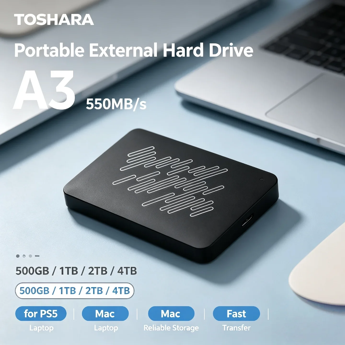 TOSHARA A3 Portable External Hard Drive 550MB/s 4TB 2TB 1TB 500GB for PC Laptop Mac Lightning Performance Rapid Load Response