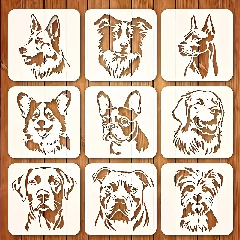 9-Piece Set of Dog Breed Hollow-Out Painting Stencils, DIY Spray Painting Stencils for German Shepherd / Corgi / French Bulldog Breeds, Wall/Wood/Canvas Graffiti Decoration Stencils, Pet-Themed Craft Tools