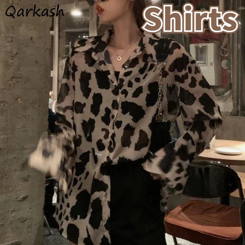 Leopard Shirts Women Clothing Vintage Baggy Aesthetic Long Style Autumn Casual Streetwear Lady Ulzzang Minority Daily All-match