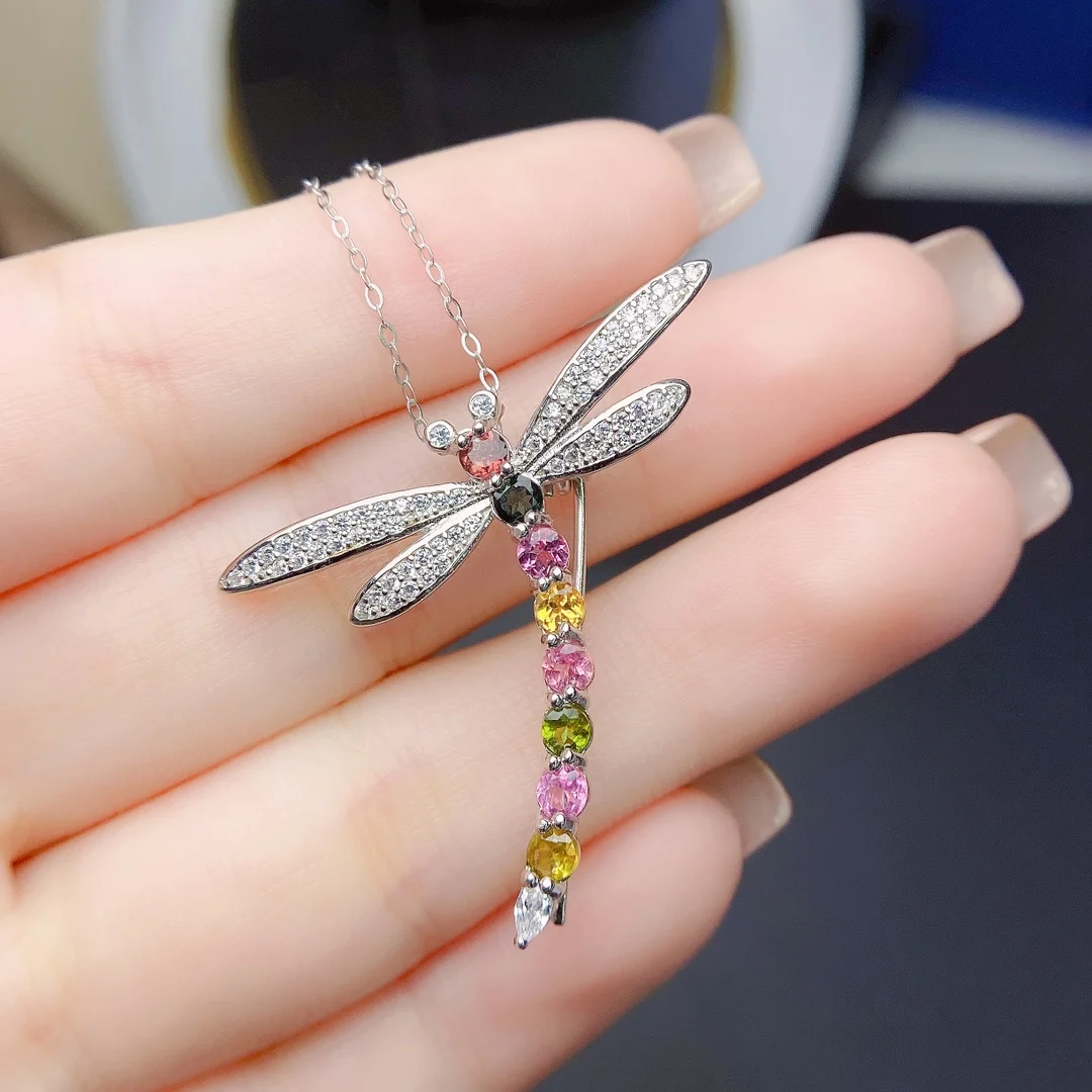 FS Natural Tourmaline Dragonfly Pendant S925 Sterling Silver With Certificate Fine Charm Weddings Jewelry for Women MeiBaPJ