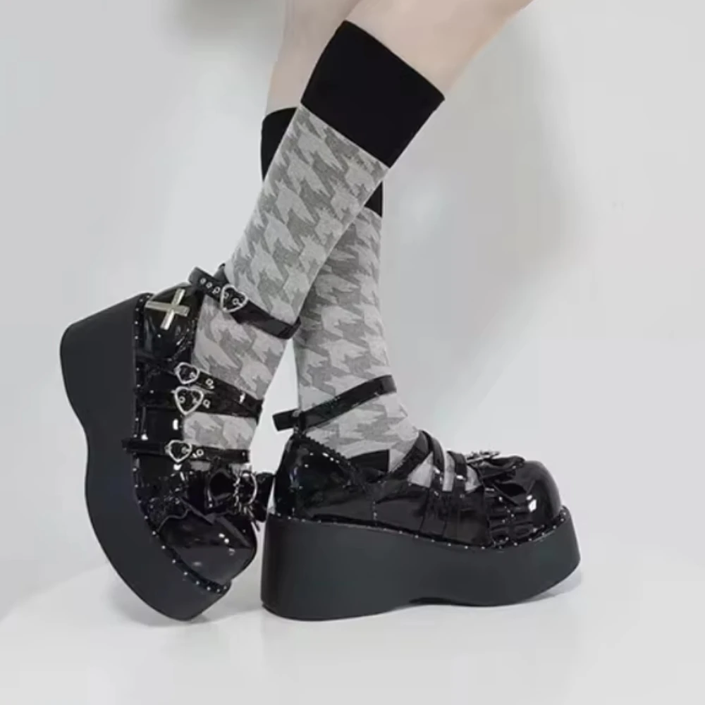 

Fashion Platform Womens Shoes Y2k Subculture High Heel Student Punk Style Single Shoes Casual Chain Black Bow Pumps Original