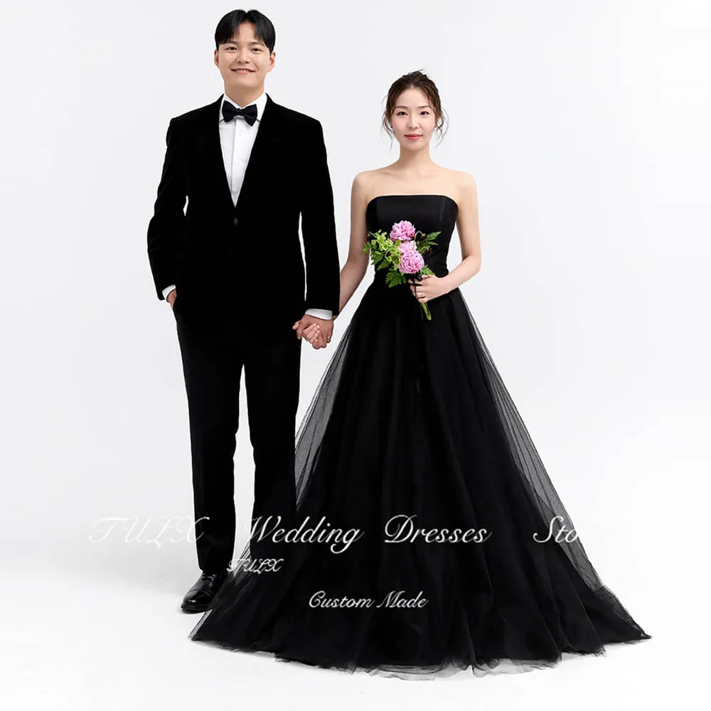 

TULX Korea Fairy Strapless Tulle Black Puffy Wedding Dresses Photo shoot Sleeveless Long Bridal Gowns Coret Back Custom Made