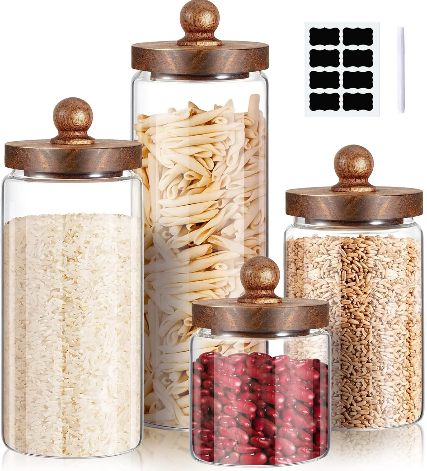 

Glass Storage Jars Set of 4, Clear Airtight Food Canisters with Wooden Lids, 4 Sizes for Kitchen Use
