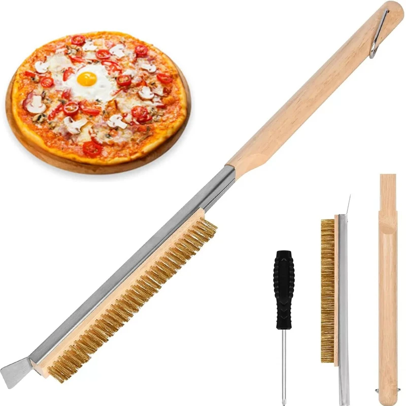 Brosse de four à Pizza avec grattoir, 21/26 pouces, fil de laiton, brosse de nettoyage de pierre à Pizza pour barbecue, nettoyage de gril, accessoires de four extérieur