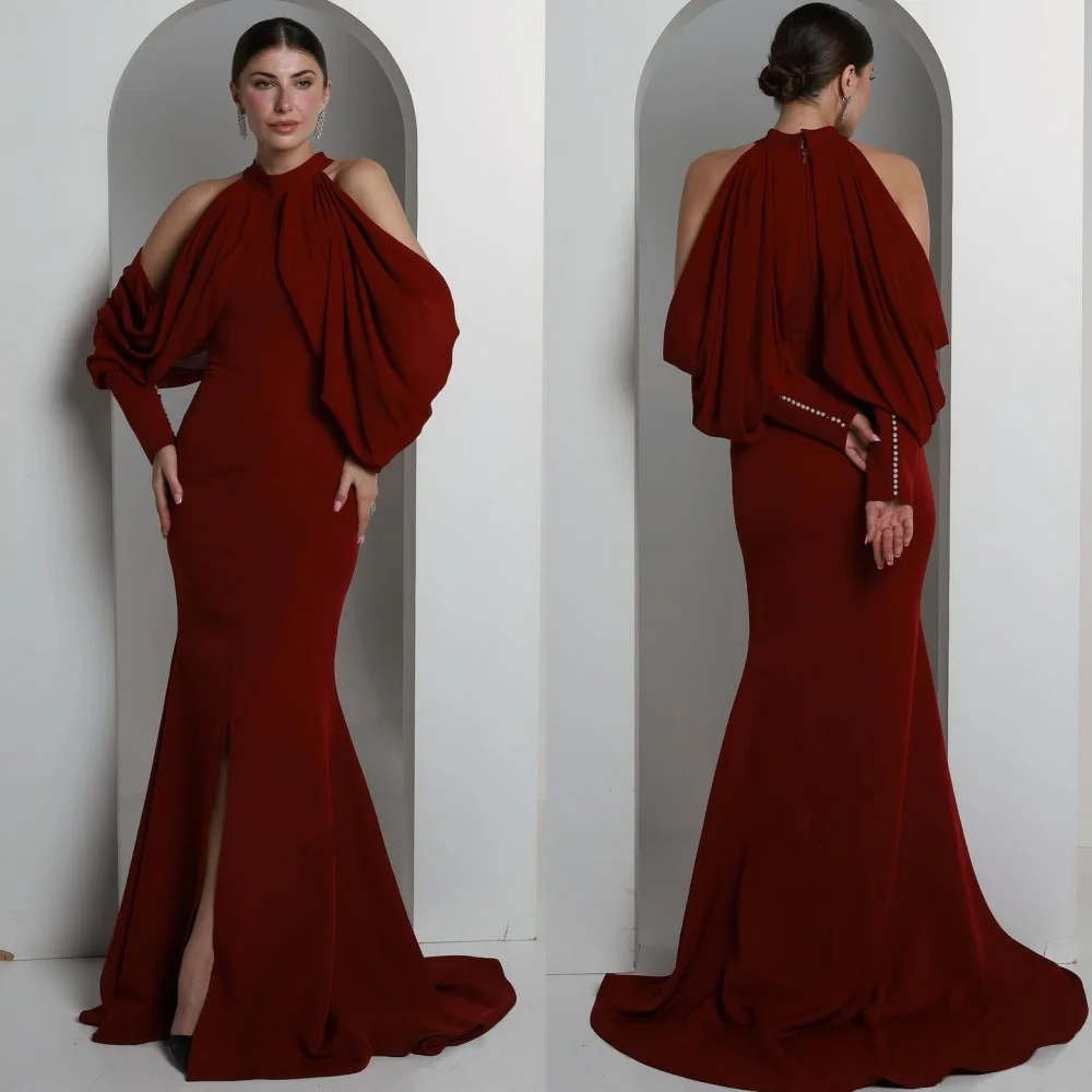 

Customized Modern Style Jersey Pearl Pleat Mermaid High Collar Long Dresses Bespoke Occasion Dresses Sizes Available Fashion