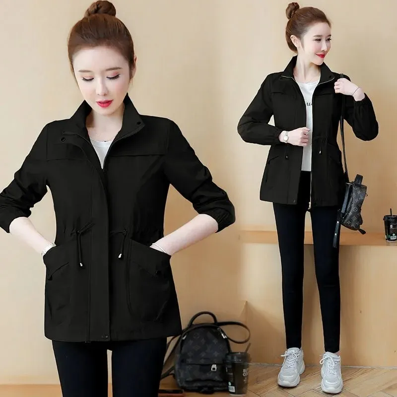 Short Coats Women's 2022 New Spring Autumn Jackets Slim Fit Tether Stand Collar Zipper Solid Splicing Casual Outwear Female Tops