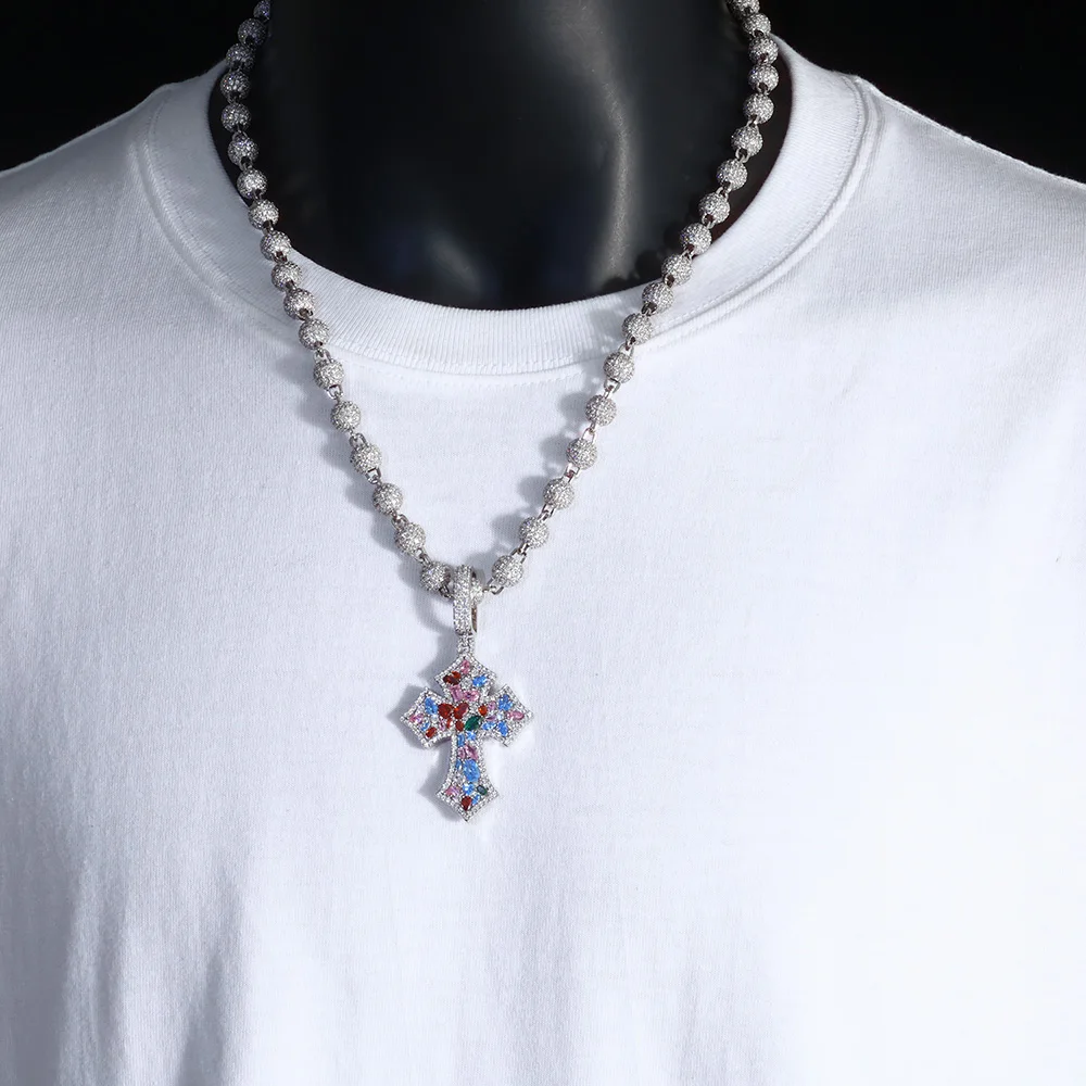 

ESKEEM Colorful Cubic Zirconia Iced Out Cross Pendant with Bead Chain High Quality Full Diamond Pendant Hip Hop Fine Jewelry