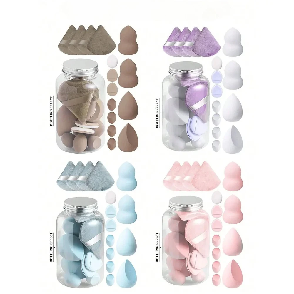 Conjunto de mini esponja cosmética estilo pote de mel, 15 peças, 4 grandes liquidificadores de beleza, 4 sopros de pó em forma de leque, 4 mini liquidificadores de beleza e