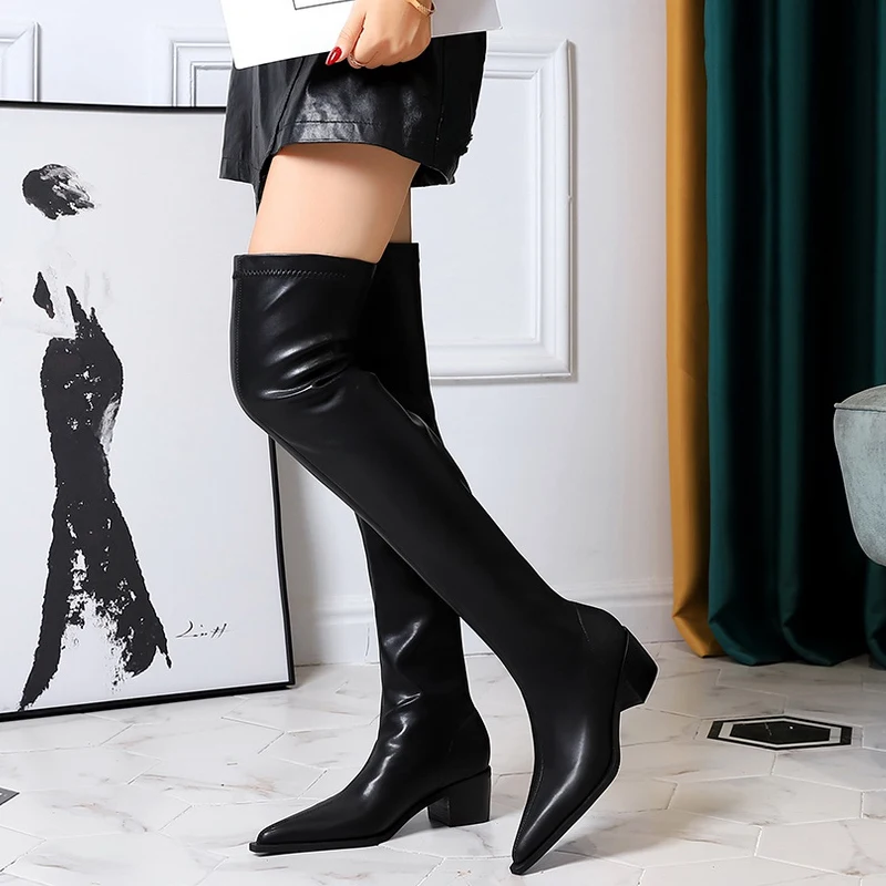 BIGTREE New Leather Boots Sexy Over The Knee Boots Thick Heel Long Boots Women Shoes Pointed Toe High Boots Autumn Winter Shoes