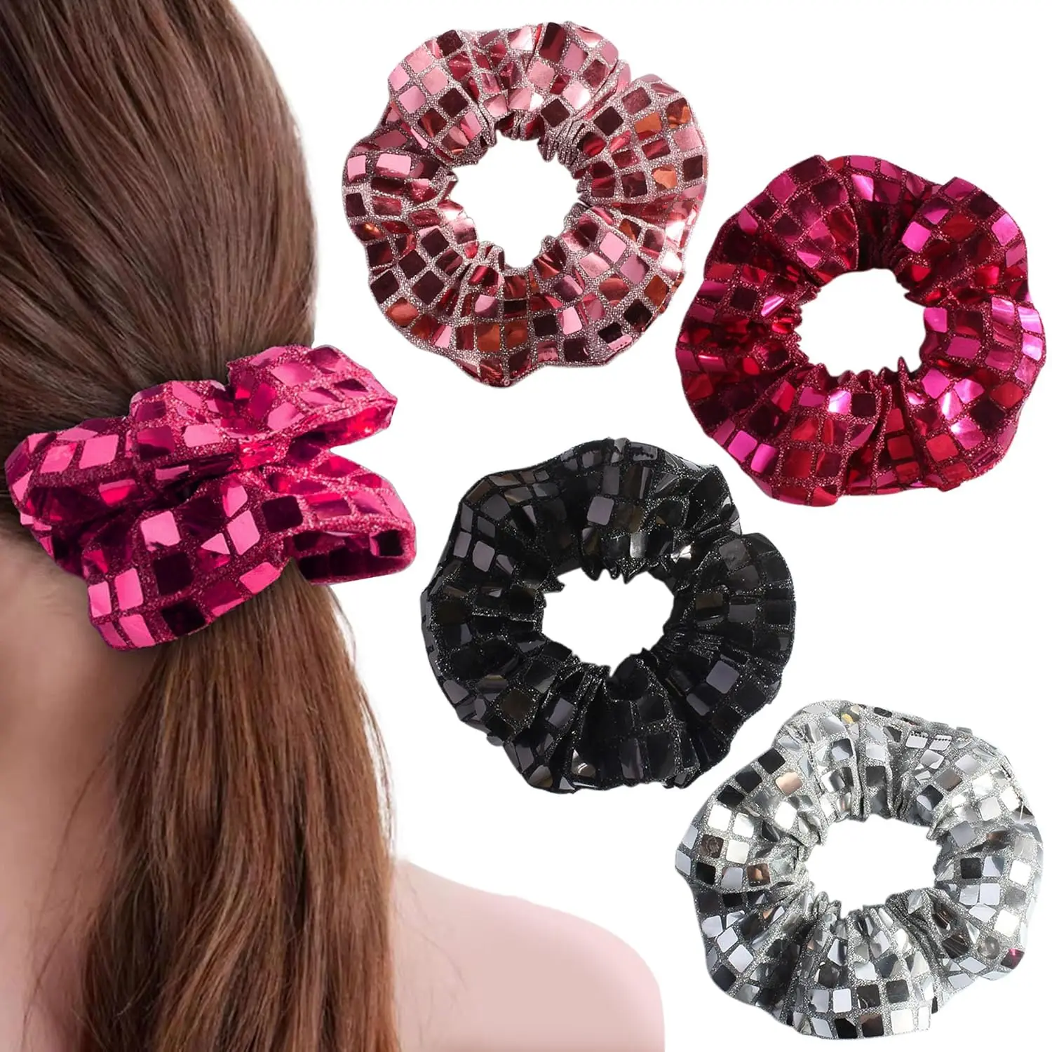 2er-Pack Disco-Haargummis, 3,94 Zoll glitzernde 90er-Jahre-Disco-Haargummis für Frauen für Haare für Abschlussfeier, Weihnachten, Neujahr – Detail 1
