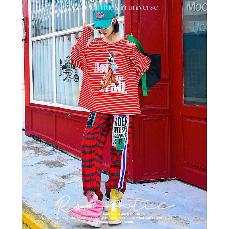 Casual Pants Autumn and Winter New Plaid Sports Pants Women Bright Line Decoration Letter Badge Tide Brand Loose Sweatpants