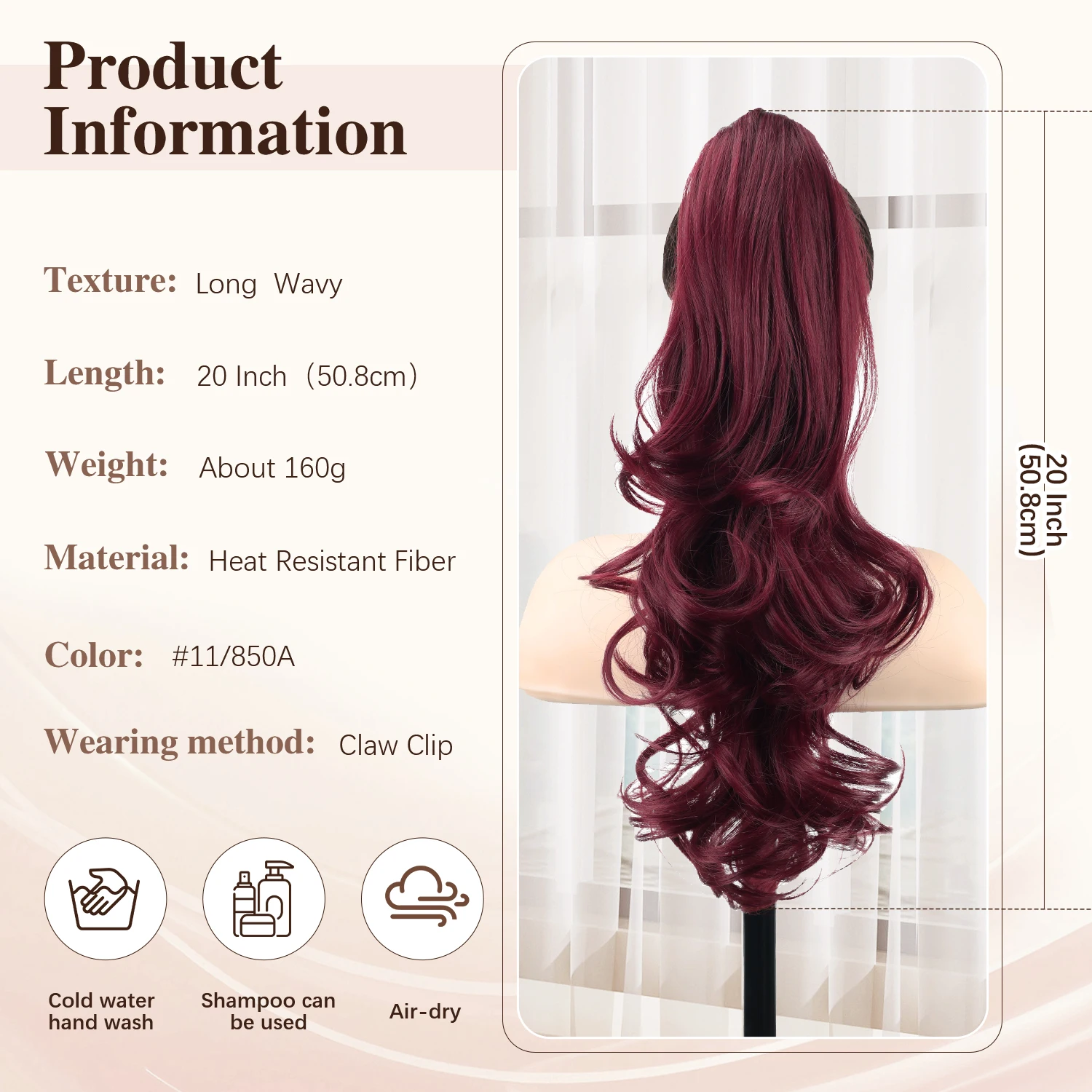 Claw Ponytail Extensions 20inch Wavy Clip Claw Ponytail Hair Synthetic Burg hairpieces for Women Ladies Daily Party Holiday view 2